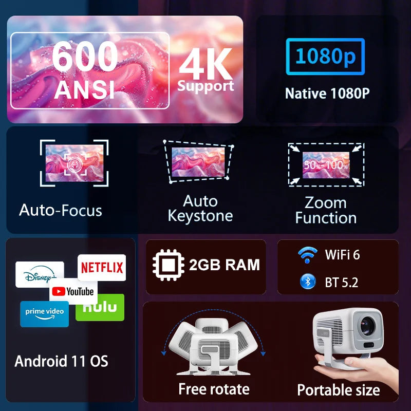 4K Projector Android Native Portable 1080P 600ANSI Auto FocusVideo home Cinema Outdoor hd led Projetor